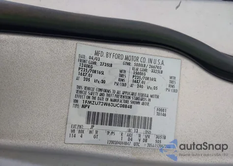 2003 Ford Explorer Nbx/Xlt from USA, damaged, VIN 1FMZU73W63UC08848